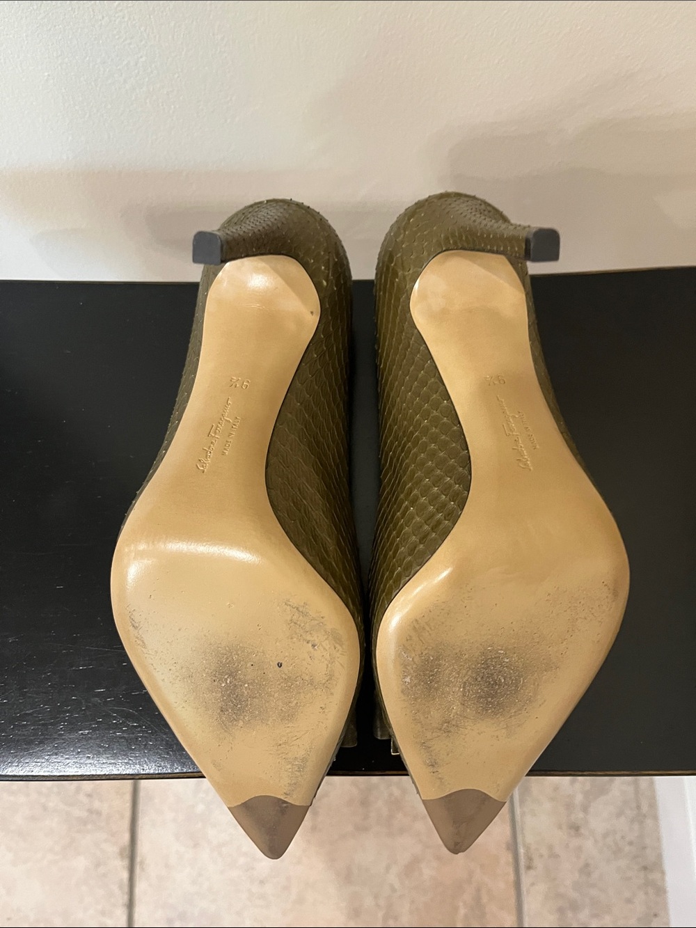 Salvatore Ferragamo Olive Green Pointed Toe Bow Pumps with Gold Accent - Picture 11 of 16